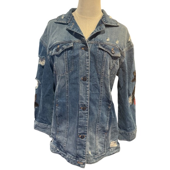 Express Jeans Blue Distressed Long Denim Jacket Red Rose Floral Embroidery Small - Picture 1 of 9